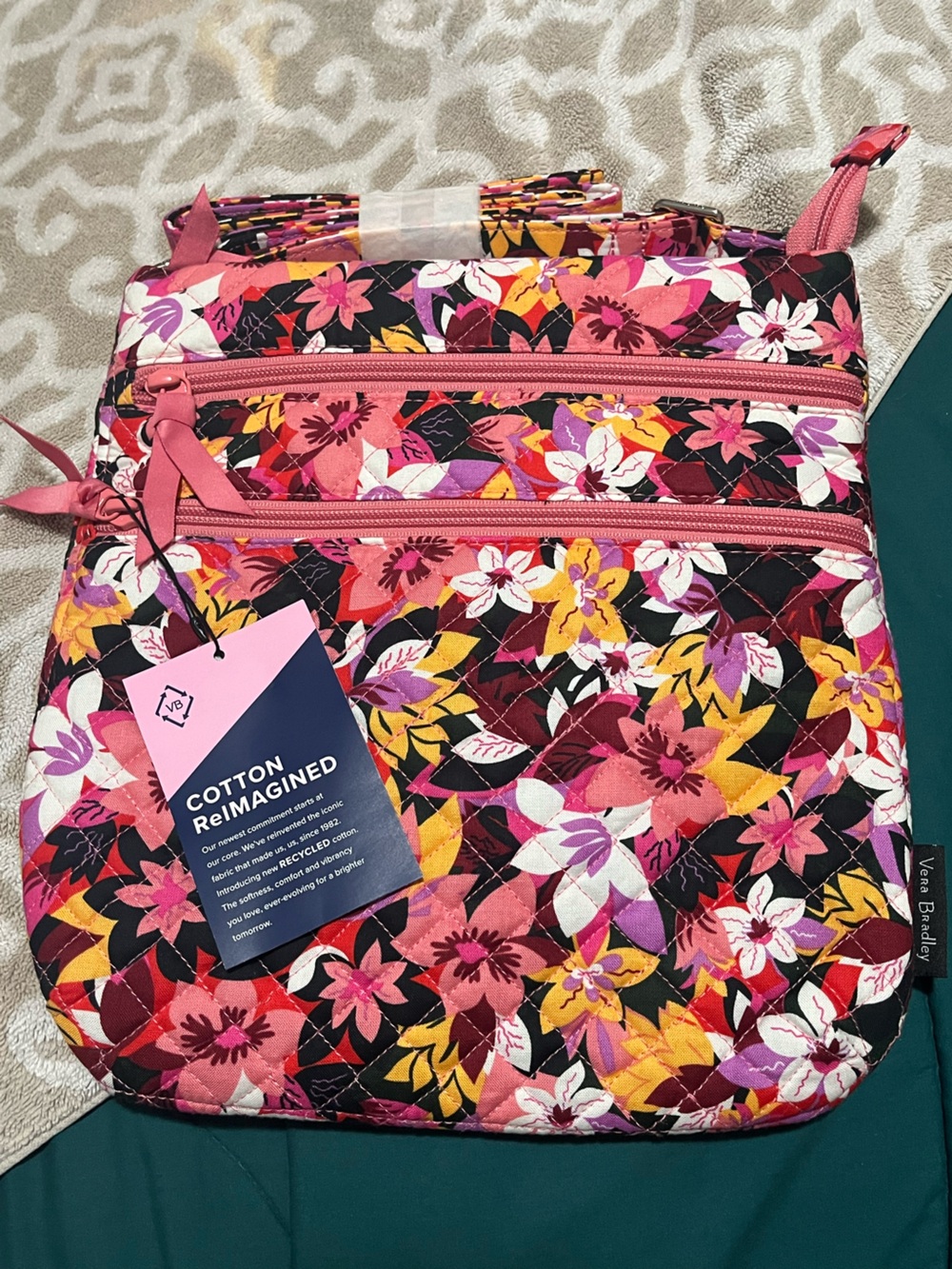 Vera Bradley Pink Floral Quilted Crossbody Tote with Yellow Accents